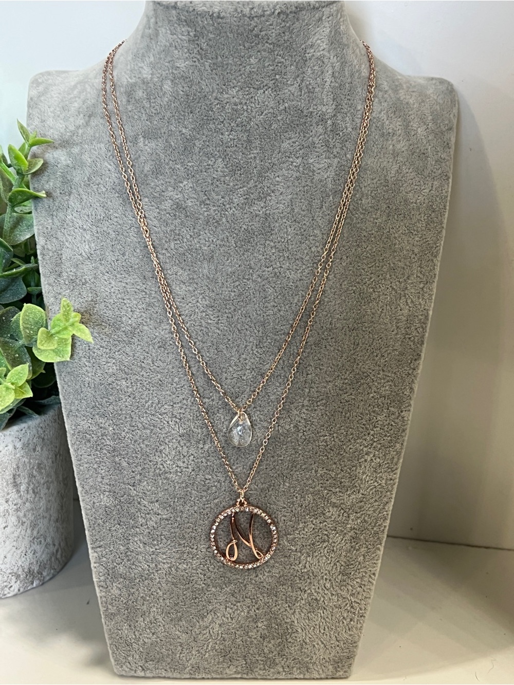 Rose Gold Double-Layer Initial Necklace with Crystal Accent (N)